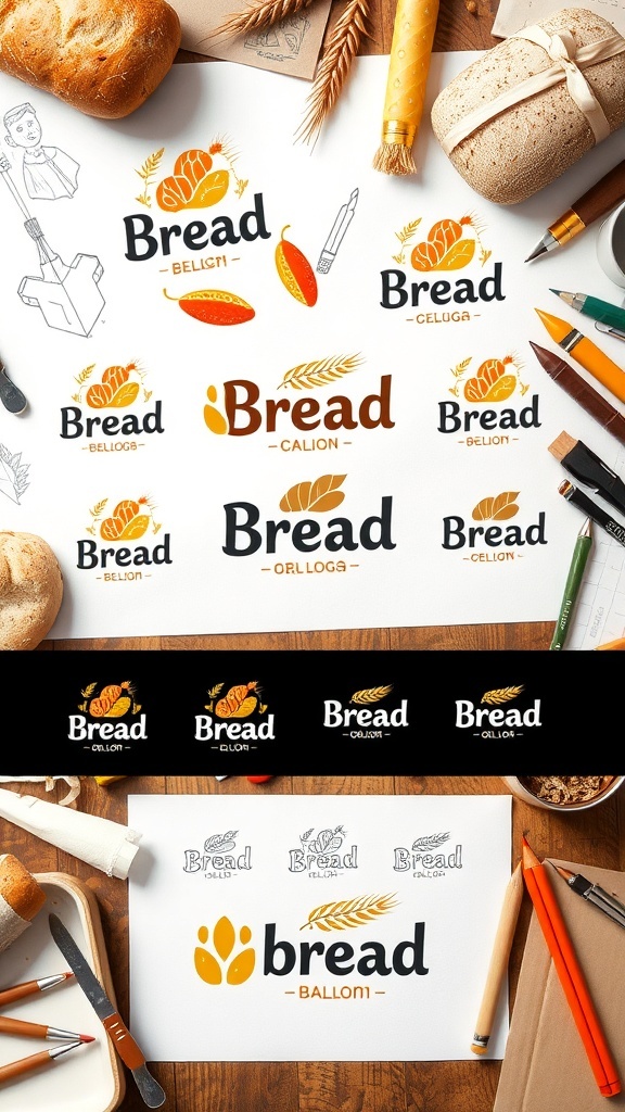 A collection of bread logo designs on a creative workspace table, with sketches and color palettes.